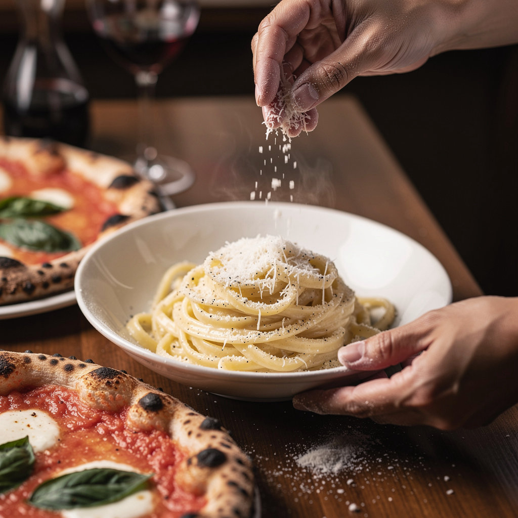 Luna Ristorante New York authentic Italian pizza and pasta dishes on a rustic table